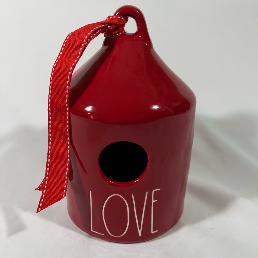 RAE DUNN “LOVE” CERAMIC BIRDHOUSE RED/WHITE WITH RED RIBBON 8” NEW